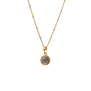 A gold chain necklace with a smoky quartz round stone.